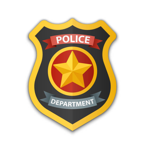 ilustraciones, imágenes clip art, dibujos animados e iconos de stock de icono de la insignia policial. escudo con una estrella, ilustración vectorial sobre fondo blanco - police badge