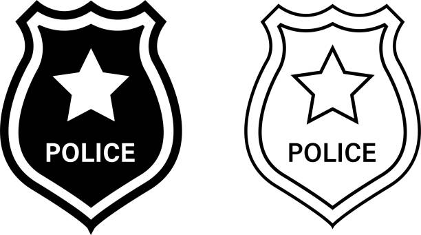 ilustraciones, imágenes clip art, dibujos animados e iconos de stock de icono de placa de policía. iconos de insignia de policía lineal y negro aislados vectoriales. vector de stock. - police badge