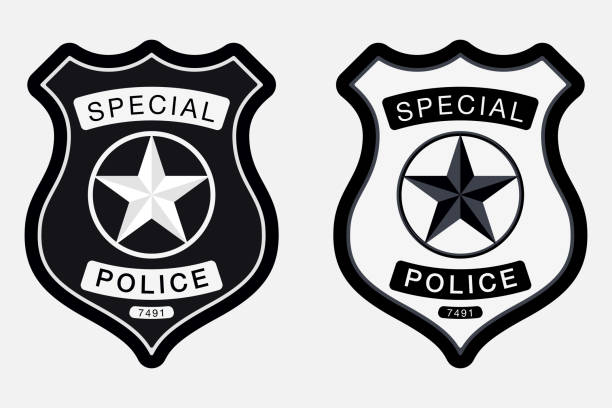 ilustraciones, imágenes clip art, dibujos animados e iconos de stock de policía insignia simple señal monocromo - police badge