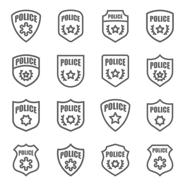 ilustraciones, imágenes clip art, dibujos animados e iconos de stock de policía juego icono vector insignia. contiene iconos como sheriff, militares, escudo y mucho más. movimiento ampliado - police badge