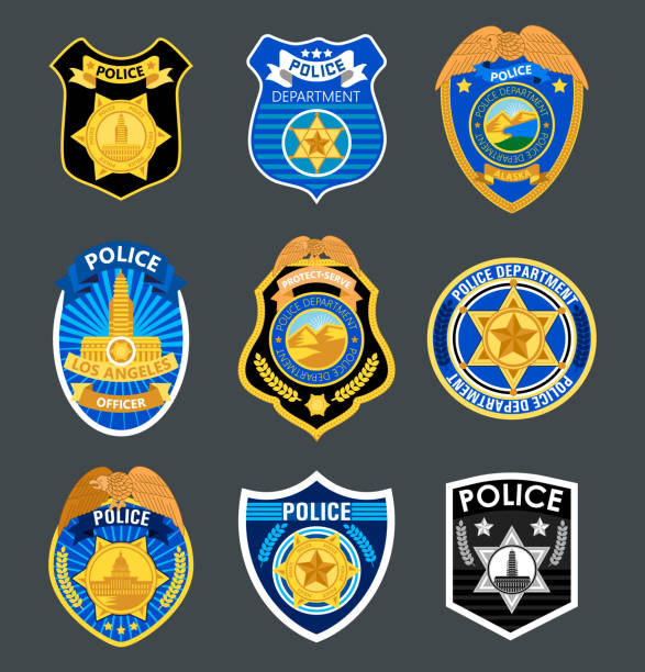 polis rozetleri vektörü ayarlı. şerif, mareşal etiketi çizimleri. ulusal günler için kolluk amblemleri. korucu, polis madalyonları. - fbi stock illustrations