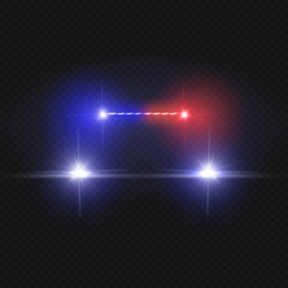 Police car headlights and blinking red siren lights isolated on transparent background