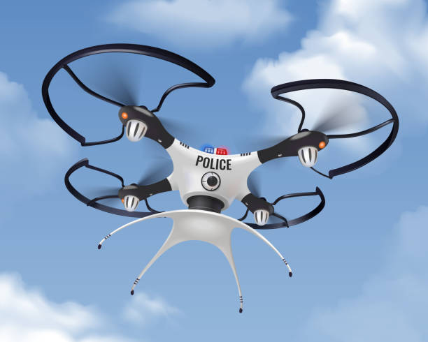 police drone realistic in sky Police drone realistic in sky composition for security and protection of population in the city vector illustration drone clipart stock illustrations