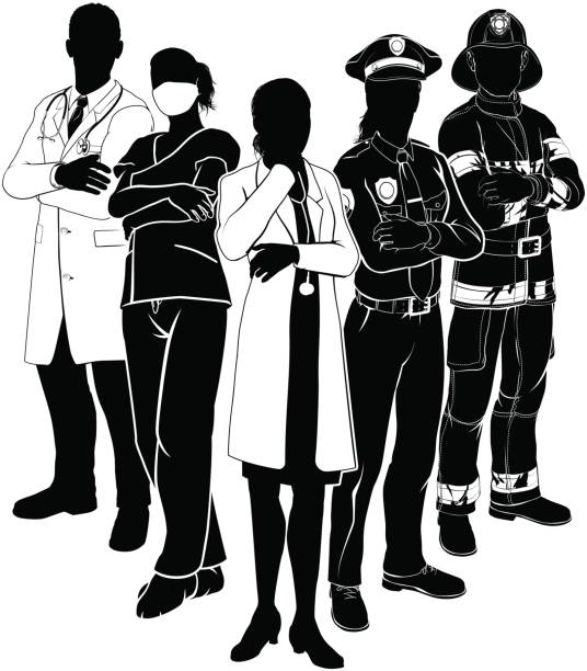 Police Fire Doctor Emergency Team Silhouettes Silhouette emergency rescue services worker team with male and female police, fireman and doctors police force stock illustrations
