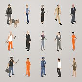 A set of 15 icons illustrates people associated with the law, including SWAT, police officers, judges, lawyers, lawmakers, prisoners, a burglar, and a perp walking in handcuffs. Isometric people are illustrated in a flat vector style.