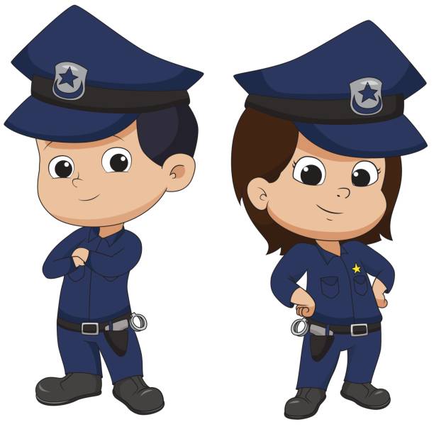 Police kid standing. Police kid standing.Vector and illustration. police hat stock illustrations