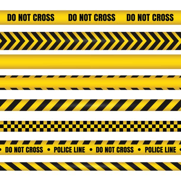 Police line and do not cross ribbons. Danger tapes. Police line and do not cross ribbons. Yellow danger tapes. Horizontal seamless borders. Vector illustration crime scene stock illustrations