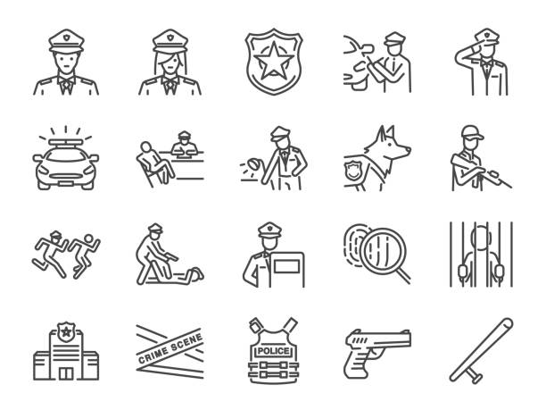 zestaw ikon linii policyjnych. zawiera ikony jako policjant, broń, podejrzanych, aresztowania, sprawiedliwości i więcej. - interview stock illustrations