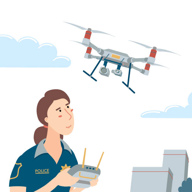 Police officer, policewoman operating a flying drone with remote controller, flat style vector illustration isolated on white background. Policewoman operating a patrolling drone, clouds and buildings Police officer, policewoman operating a flying drone with remote controller, flat style vector illustration isolated on white background. Policewoman operating a patrolling drone, clouds and buildings drone clipart stock illustrations
