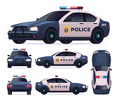 Police car set. Patrol official vehicle, cop automobile chase and pursuit criminals. View front, rear, side, top