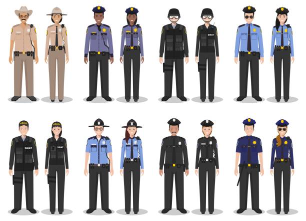 Police people concept. Set of different detailed illustration of SWAT officer, policeman, policewoman and sheriff in flat style on white background. Vector illustration. Detailed illustration of sheriff, SWAT officer, policewoman and policeman in flat style on white background. police hat stock illustrations