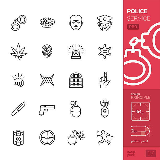 ilustraciones, imágenes clip art, dibujos animados e iconos de stock de el servicio de policía con iconos vectoriales-pro paquete - gun violence