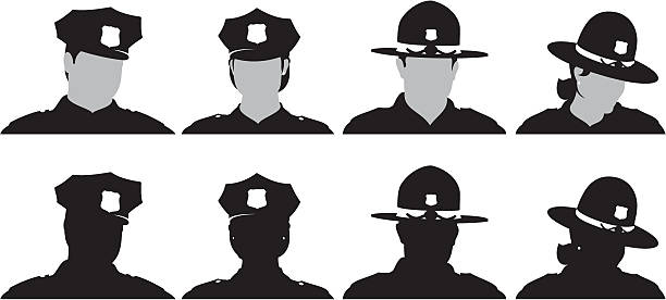 Police Male and female Police and State Trooper silhouette set police hat stock illustrations