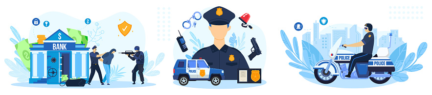 Police work vector illustration set. Cartoon flat policeman character working, policeofficer patrol people arrest thief, security officers protect bank from criminal attack robbery isolated on white vector