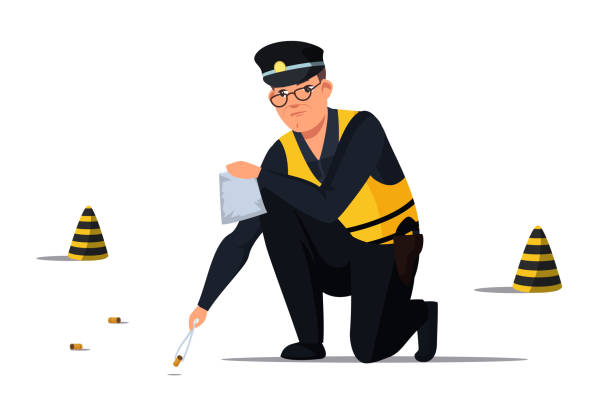Policeman collecting bullets in pocket crime scene Policeman wearing uniform, eyeglasses holding tweezers collects bullets into pocket. Crime scene. Warning striped yellow black road cones. Accident or murder. Vector illustration isolated on white crime scene stock illustrations