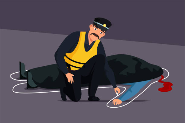 Policeman with chalk outlines murdered person body Mustachioed policeman with chalk outlines murdered person body. Police officer and victim under black blanket with blood traces. Accident, crime scene, homicide. Vector flat cartoon illustration crime scene stock illustrations