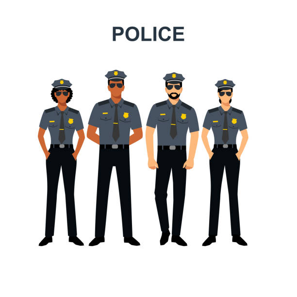 ilustraciones, imágenes clip art, dibujos animados e iconos de stock de policía con diferentes colores de piel de hombres y mujeres. - police