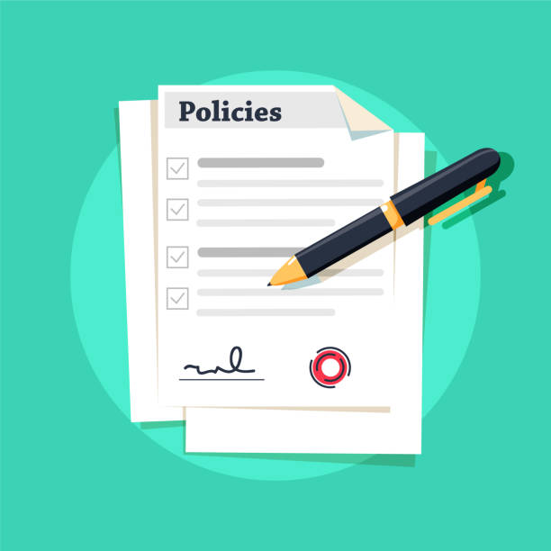 Policies document. Policies regulation concept list document company clipboard, vector illustration. Policies document. Policies regulation concept list document company clipboard, vector illustration. Ink pen lying on a contract or application form, top angle of view strategy stock illustrations