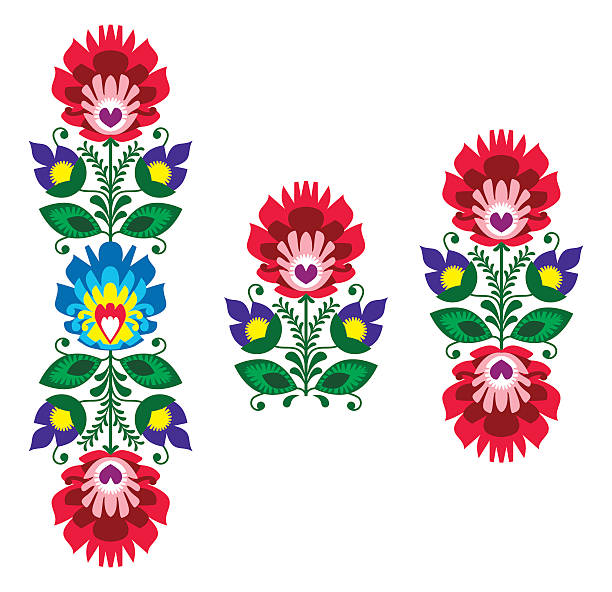 Polish folk art - floral traditional polish pattern Decorative traditional vector patters set - paper cutouts style isolated on black  craft product stock illustrations
