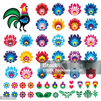 istock Polish folk art Wycinanki Lowickie vector design elements - flower, rooster, leaves. Perfect for textile patterns or greeting cards 1201413016