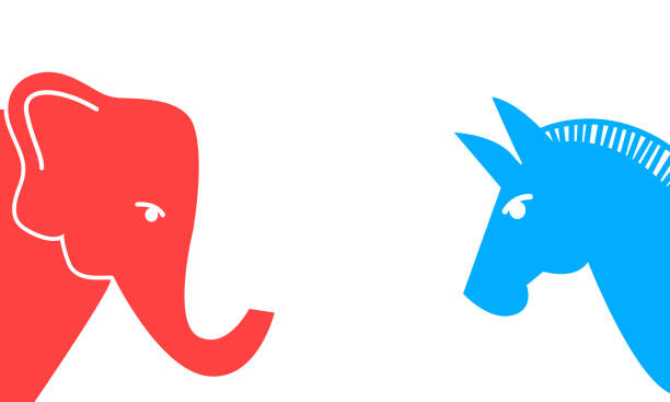 Political Elephant and Donkey. Republican and democrat voter concept. Set of United States Political Party Symbols. Vector illustration of a blue donkey and a red elephant Political Elephant and Donkey. Republican and democrat voter concept. Set of United States Political Party Symbols. Vector illustration of a blue donkey and a red elephant us republican party stock illustrations