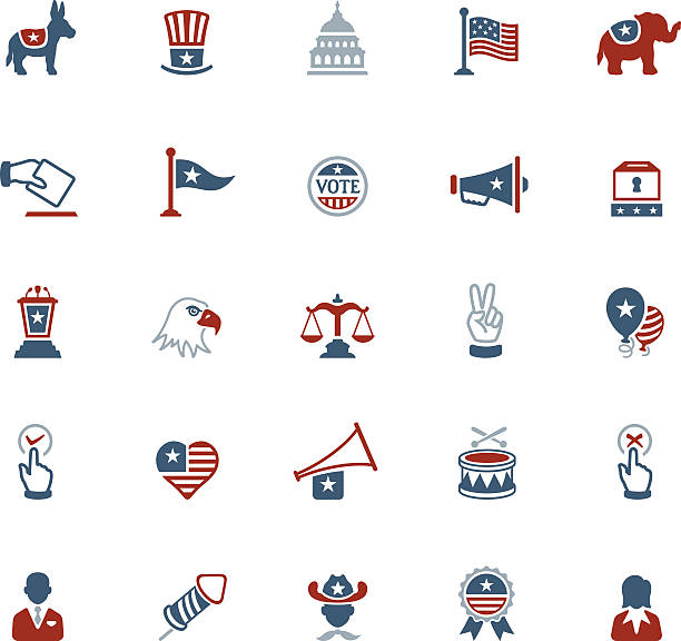 USA Political Icons Illustrator Vector EPS file (any size), High Resolution JPEG preview (5417 x 5417 px) and Transparent PNG (5417 x 5417 px) included. Each element is named, grouped and layered separately. Very easy to edit. voting clipart stock illustrations