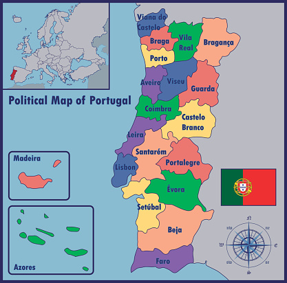 Mappa Politica Del Portogallo - Immagini vettoriali stock e altre immagini di Carta geografica - iStock