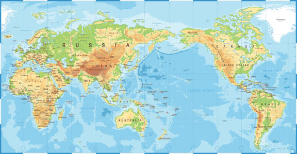 정치적인 실제 지형 색된 세계 지도 태평양 중심 - 태평양 stock illustrations