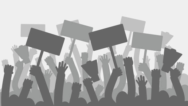 ilustraciones, imágenes clip art, dibujos animados e iconos de stock de protesta política con las manos de los manifestantes de silueta con megáfono, pancartas y banderas. huelga, revolución, conflicto vector fondo - protest