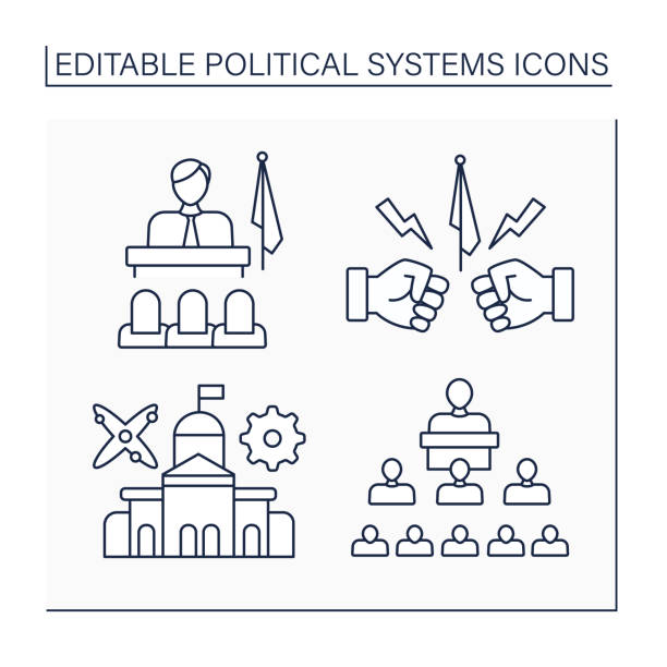 Political systems line icons set Political systems line icons set. Patriarchate, opposition, technocracy, structure political. Sociology concept.Isolated vector illustrations.Editable stroke royalty free commercial use drawing stock illustrations