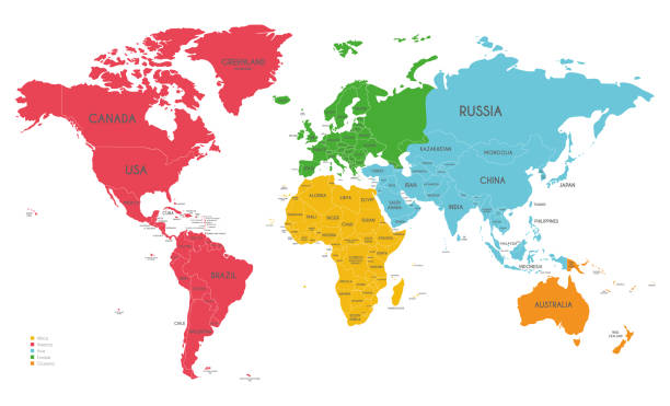 siyasi dünya harita illüstrasyon her kıtanın için farklı renkler ile vektör ve beyaz arka plan üzerinde izole. düzenlenebilir ve açıkça etiketlenmiş katmanları. - kıta coğrafi bölge stock illustrations