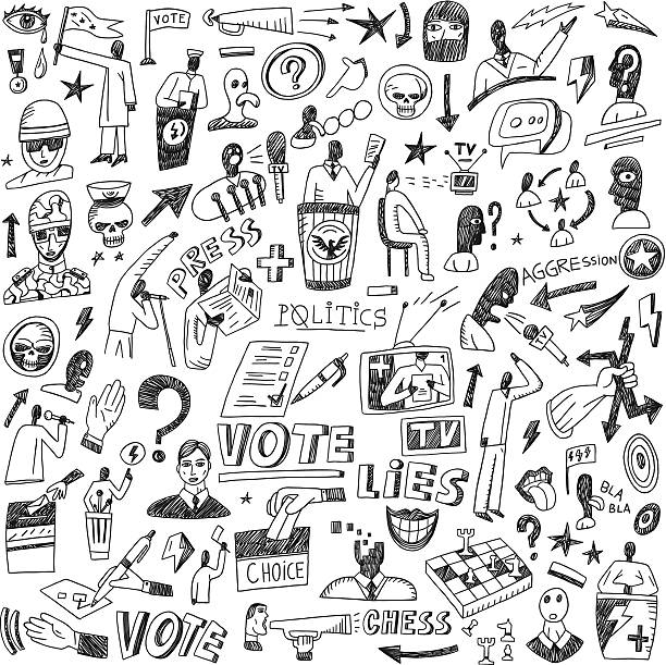 Politics - doodles set icons in sketch style military drawings stock illustrations