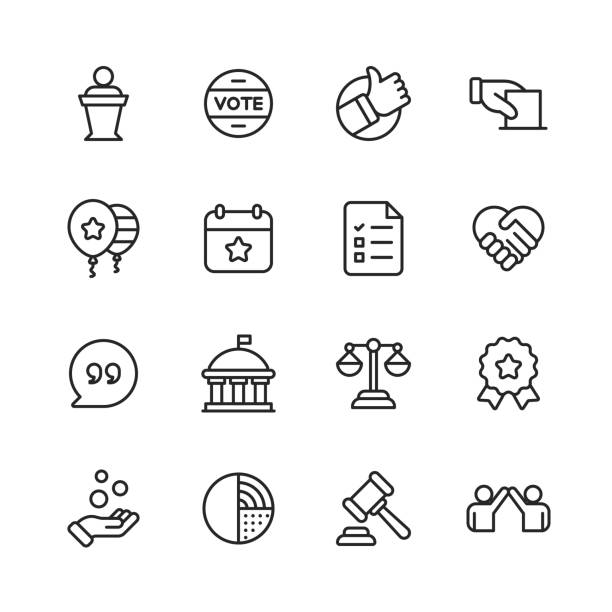 Politics Line Icons. Editable Stroke. Pixel Perfect. For Mobile and Web. Contains such icons as Voting, Campaign, Candidate, President, Handshake, Law, Donation, Government, Congress. 16 Politics Outline Icons. voting stock illustrations