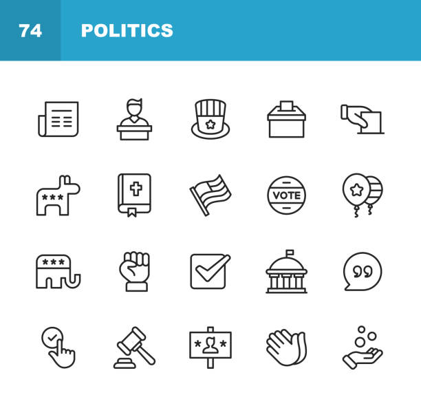 Politics Line Icons. Editable Stroke. Pixel Perfect. For Mobile and Web. Contains such icons as Voting, Campaign, Candidate, President, Law, Donation, Government, Congress, Republicans, Democrats. 20 Politics Outline Icons. voting icons stock illustrations
