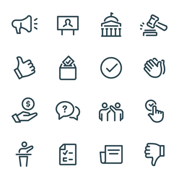 Politics - Pixel Perfect Unicolor line icons Politics icons set #31
Specification: 16 icons, 36x36 pх, stroke weight 2 px
Features: Pixel Perfect, Unicolor, Single line 

First row of icons contains:
Announcing, Billboard with Candidate, Government, Gavel;

Second row contains:
Thumbs Up, Ballot Box, Check Mark, Applause;

Third row contains:
Budget, Debate, Winning, Voting; 

Fourth row contains:
Speaker, Voting Ballot, News, Thumbs Down.

Complete MICO collection - https://www.istockphoto.com/collaboration/boards/UUv7uLop-06yEw9xnOBMNg voting symbols stock illustrations