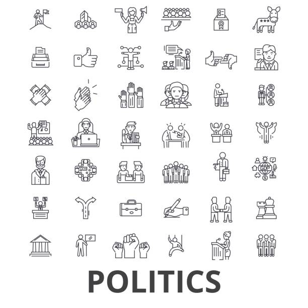 政治，政客、 投票、 選舉、 競選、 政府、 党的政治路線的圖示。可編輯的筆劃。平面設計向量圖符號的概念。孤立的線性跡象 - 投票 插圖 幅插畫檔、美工圖案、卡通及圖標