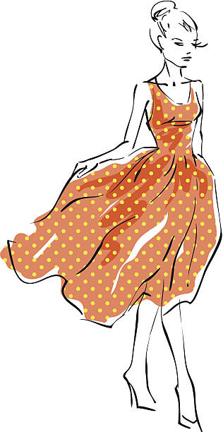 Polka dot dress The woman in a polka dot dress fashion dress sketches stock illustrations