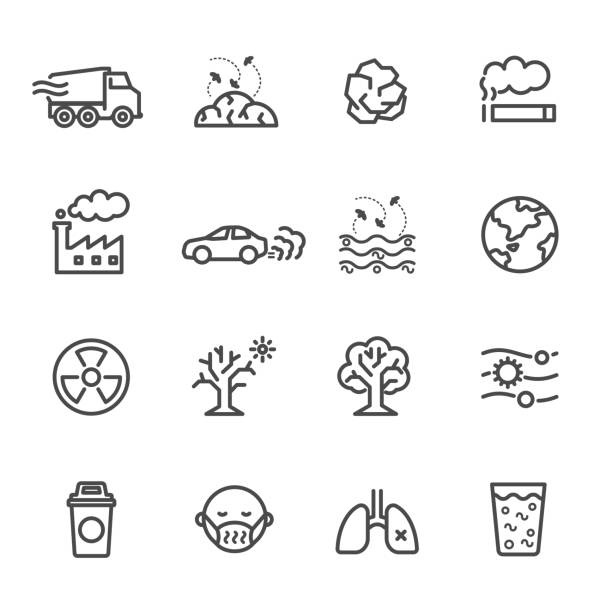 bildbanksillustrationer, clip art samt tecknat material och ikoner med föroreningar ikonen ange, vektor illustration av tunn linje ikoner för föroreningar innehåller sådana ikoner som jorden, fabrik, luft, rök, avfall, sopor, trafik och andra - utsläpp