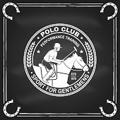 istock Polo club sport badge, patch, emblem, logo. Vector illustration. Vintage monochrome polo label with rider and horse silhouettes. Polo club competition riding sport. Concept for shirt or logo, print, stamp or tee. 1365313055