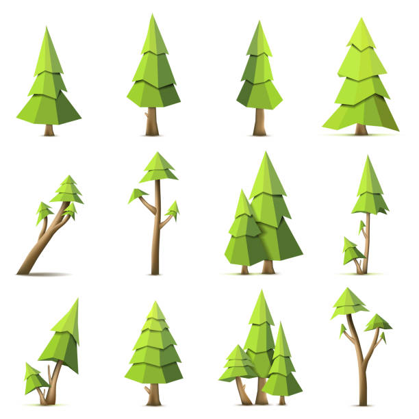 ilustrações, clipart, desenhos animados e ícones de jogo da árvore do vetor do polígono isolado no fundo branco - tree 3d