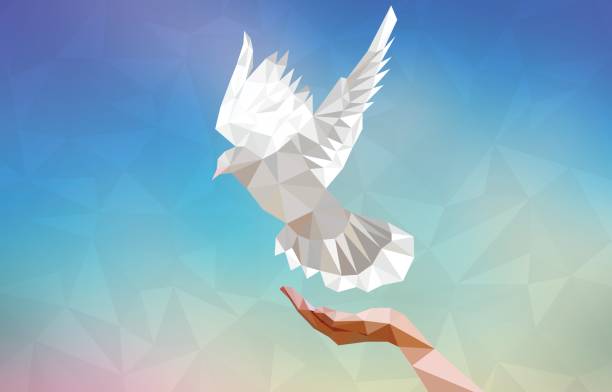 Polygonal dove with human hand flying in blue sky. Symbol of peace. Vector illustration. Polygonal dove with human hand flying in blue sky. Symbol of peace. Vector illustration. dove bird stock illustrations