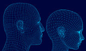 Polygonal head of man and girl. Wireframe head human. 3D. Side view. Dark blue background. Vector illustration.