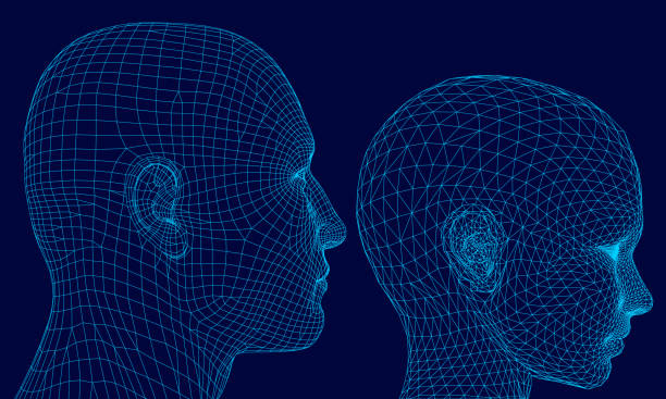 Polygonal head of a man and girl Polygonal head of man and girl. Wireframe head human. 3D. Side view. Dark blue background. Vector illustration. wire frame model stock illustrations