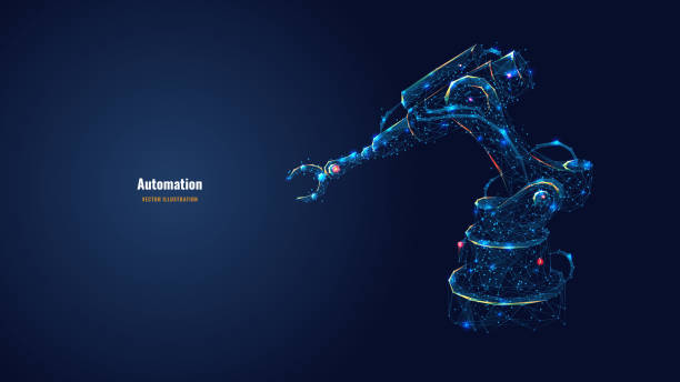 Polygonal robotic arm as a concept of automation Robotic arm in dark blue background. Automation concept. Polygonal wireframe with lines and dots. Abstract digital vector illustration. mechanic backgrounds stock illustrations