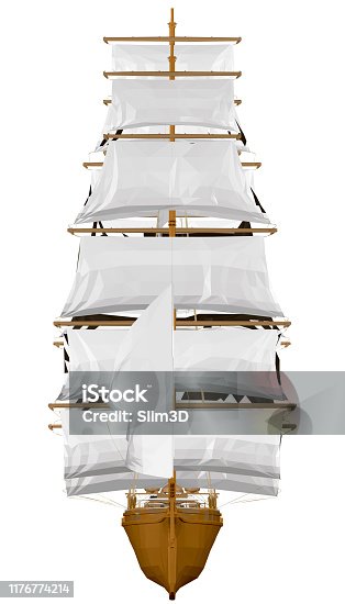 istock Polygonal sailing ship with white sails and brown stern. Front view. 3D. Vector illustration. 1176774214