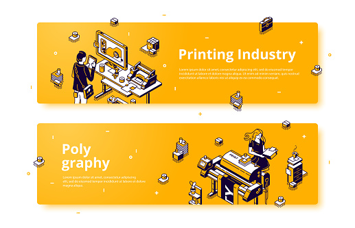 Polygraphy, printing house isometric web banner