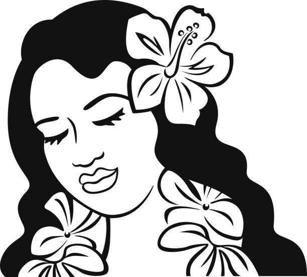 Polynesia Girl Black and White vector art illustration