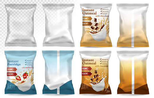 Polypropylene plastic packaging - instant porridge advert concept.