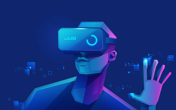 polyVR concept of virtual reality technology, graphic of a teenage gamer wearing VR head-mounted playing game virtual reality illustrations stock illustrations