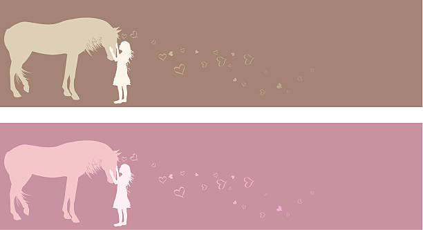 Pony Love Pink and Brown Banners of a girl and her pony or horse. Vector. CMYK. horse backgrounds stock illustrations